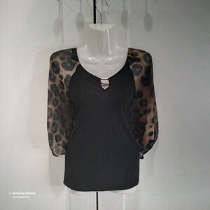 Adele & May Black Stretch Pullover Top Shear 3/4 Cheetah Print Sleeves NWT Small